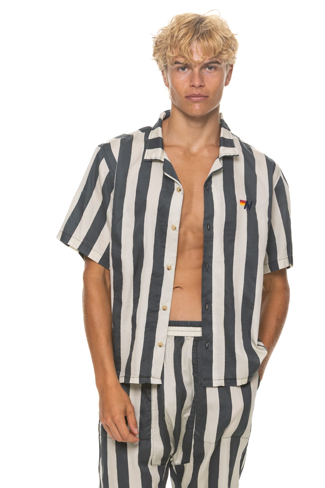 UNISEX COTTON LUXE POPLIN RESORT SHIRT - VINTAGE BLACK // STRIPE - Image 6
