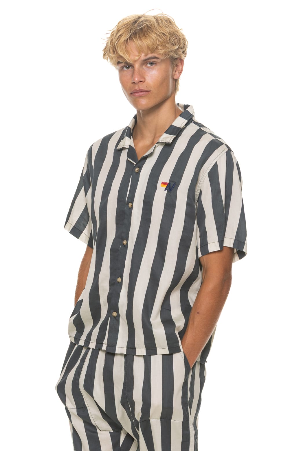 UNISEX COTTON LUXE POPLIN RESORT SHIRT - VINTAGE BLACK // STRIPE - Image 8
