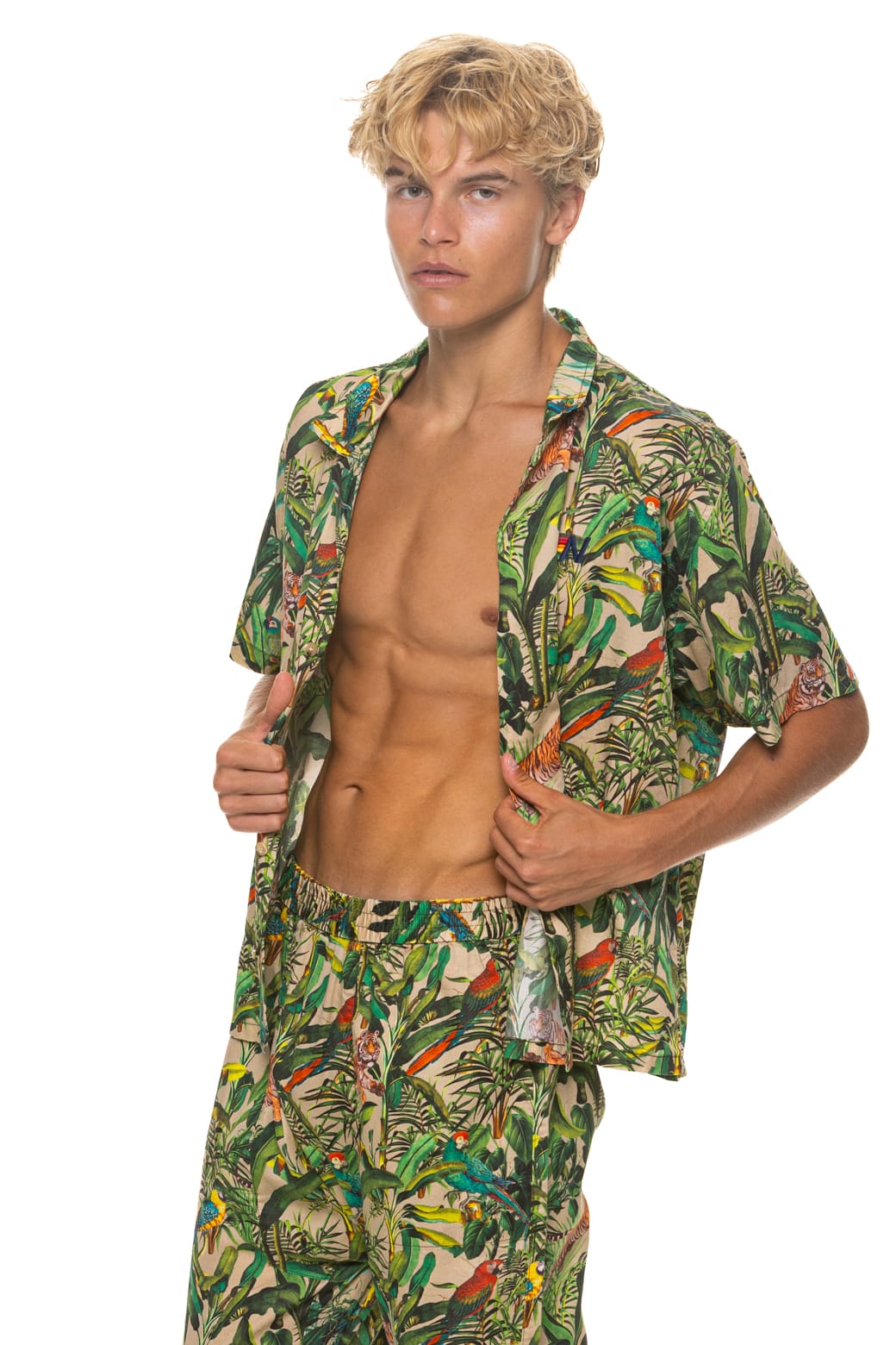 UNISEX COTTON LUXE POPLIN RESORT SHIRT - VINTAGE WHITE // JUNGLE - Image 8