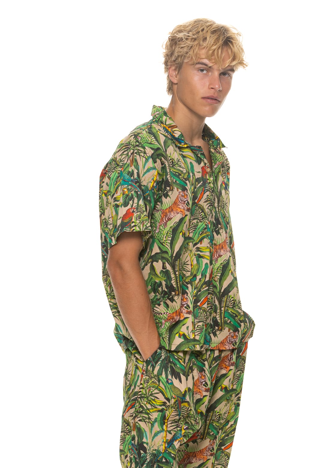 UNISEX COTTON LUXE POPLIN RESORT SHIRT - VINTAGE WHITE // JUNGLE - Image 12
