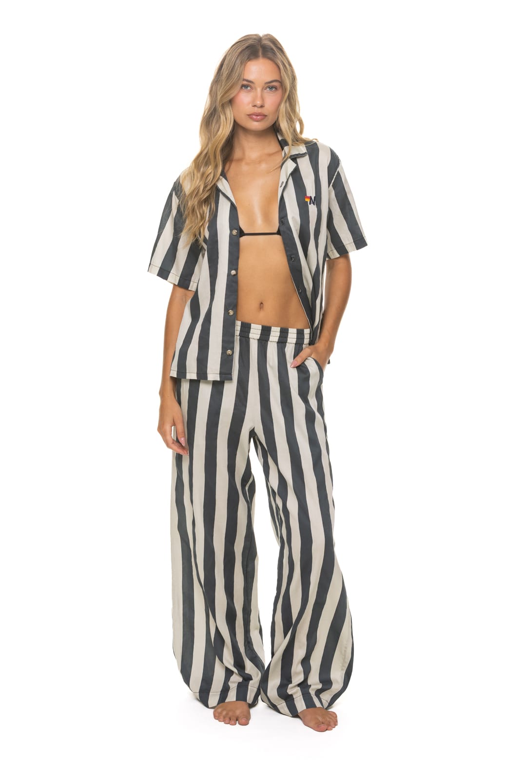 UNISEX COTTON LUXE POPLIN RESORT SHIRT - VINTAGE BLACK // STRIPE - Image 3