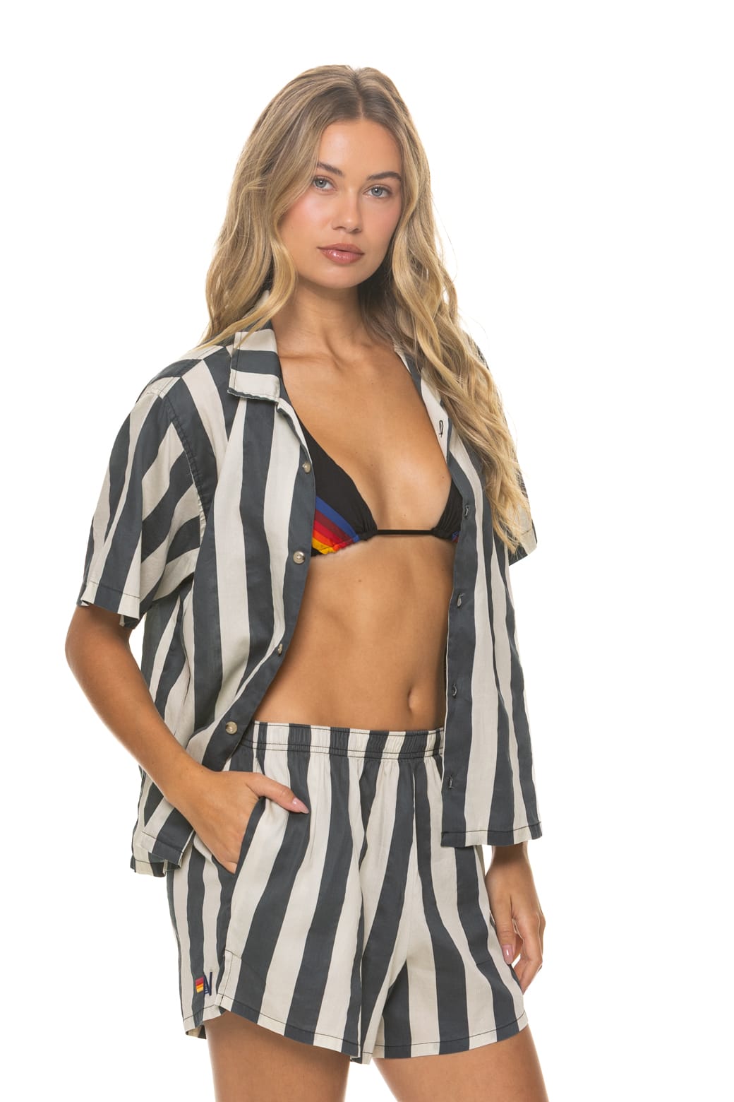 WOMEN'S COTTON LUXE POPLIN SHORT - VINTAGE BLACK // STRIPE - Image 4