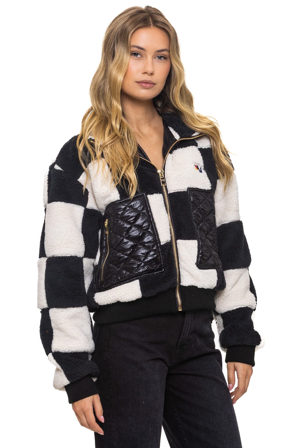 TEDDY CHECKERBOARD WOMENS FULL ZIP JACKET - VINTAGE // BLACK - Image 4