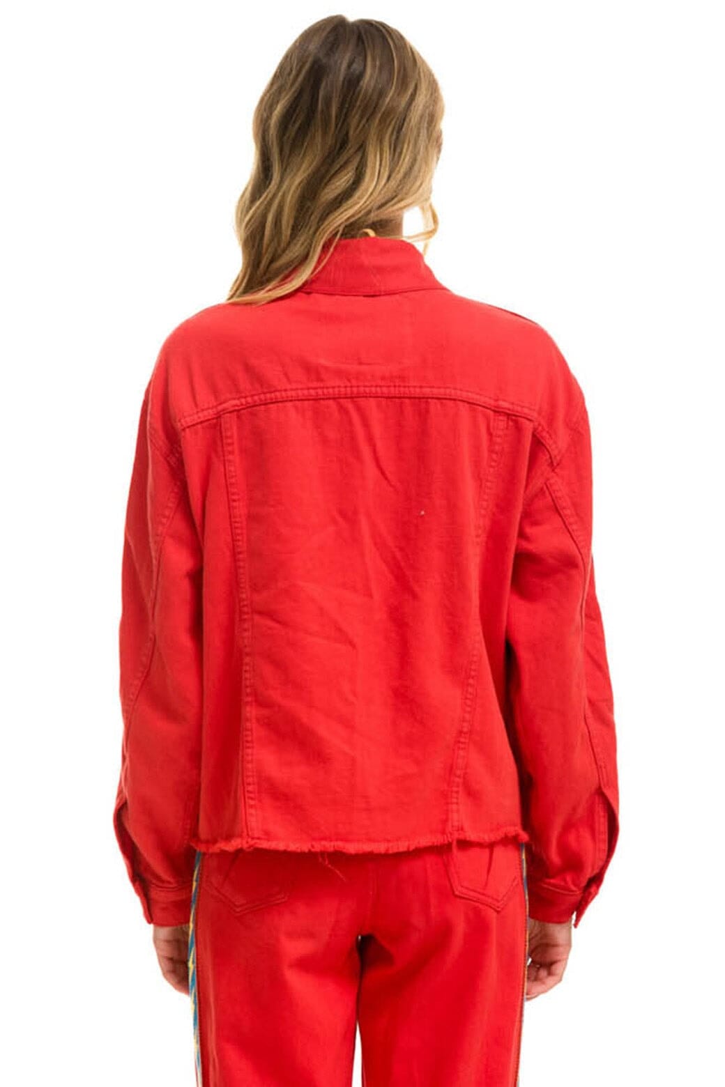 BOLT STRIPE OVERSIZED CUTOFF DENIM JACKET - RED - Image 5