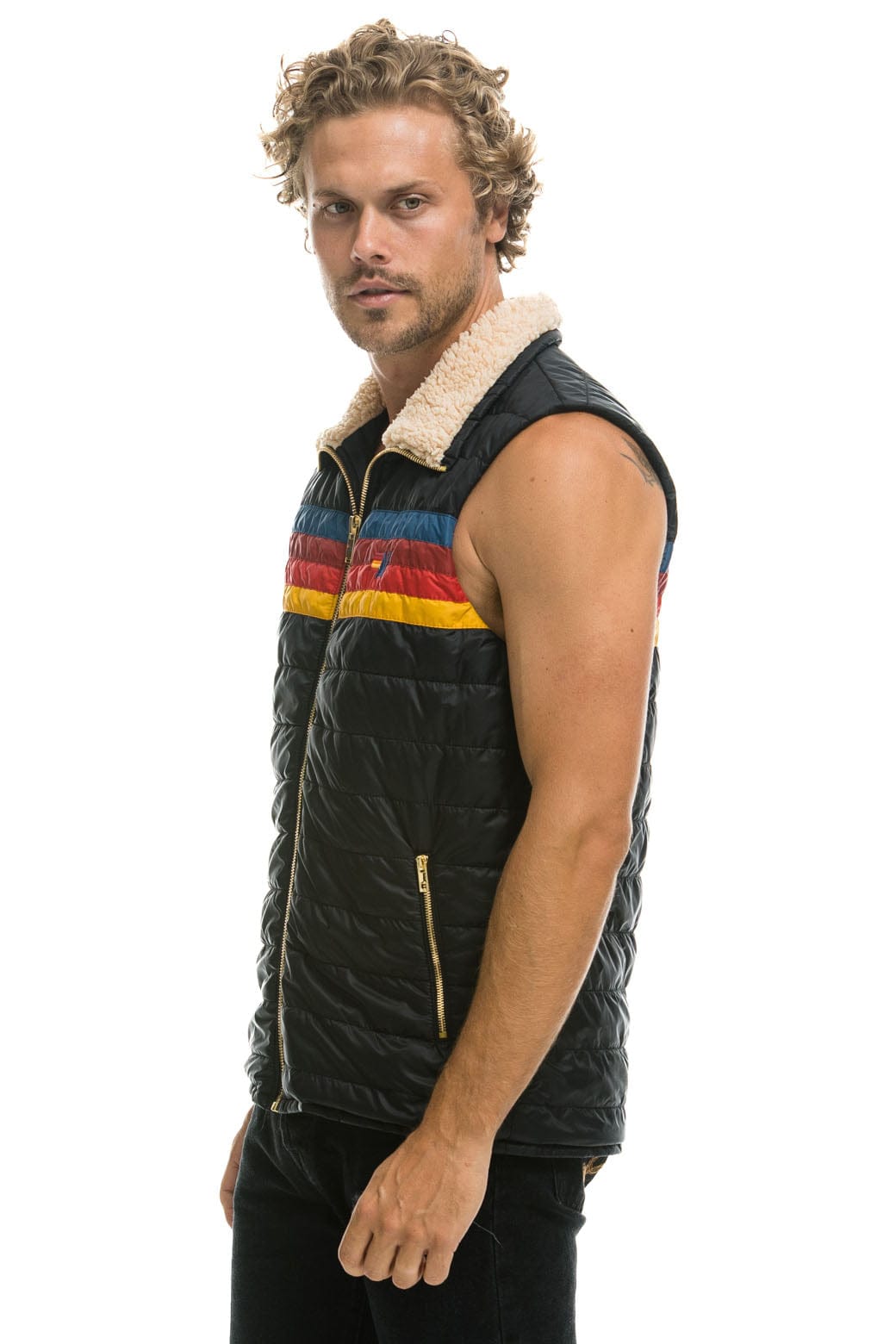 MEN'S 4 STRIPE VEST SHERPA - BLACK - Image 4