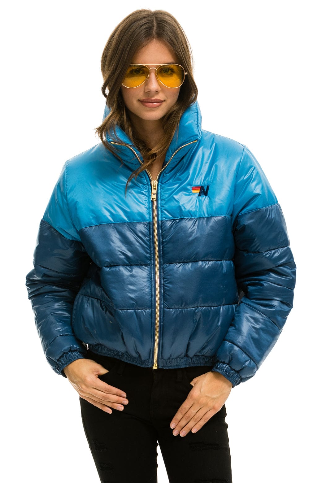 COLOR BLOCK HALF AND HALF APRES PUFFER JACKET - OCEAN GLOSSY - Image 5