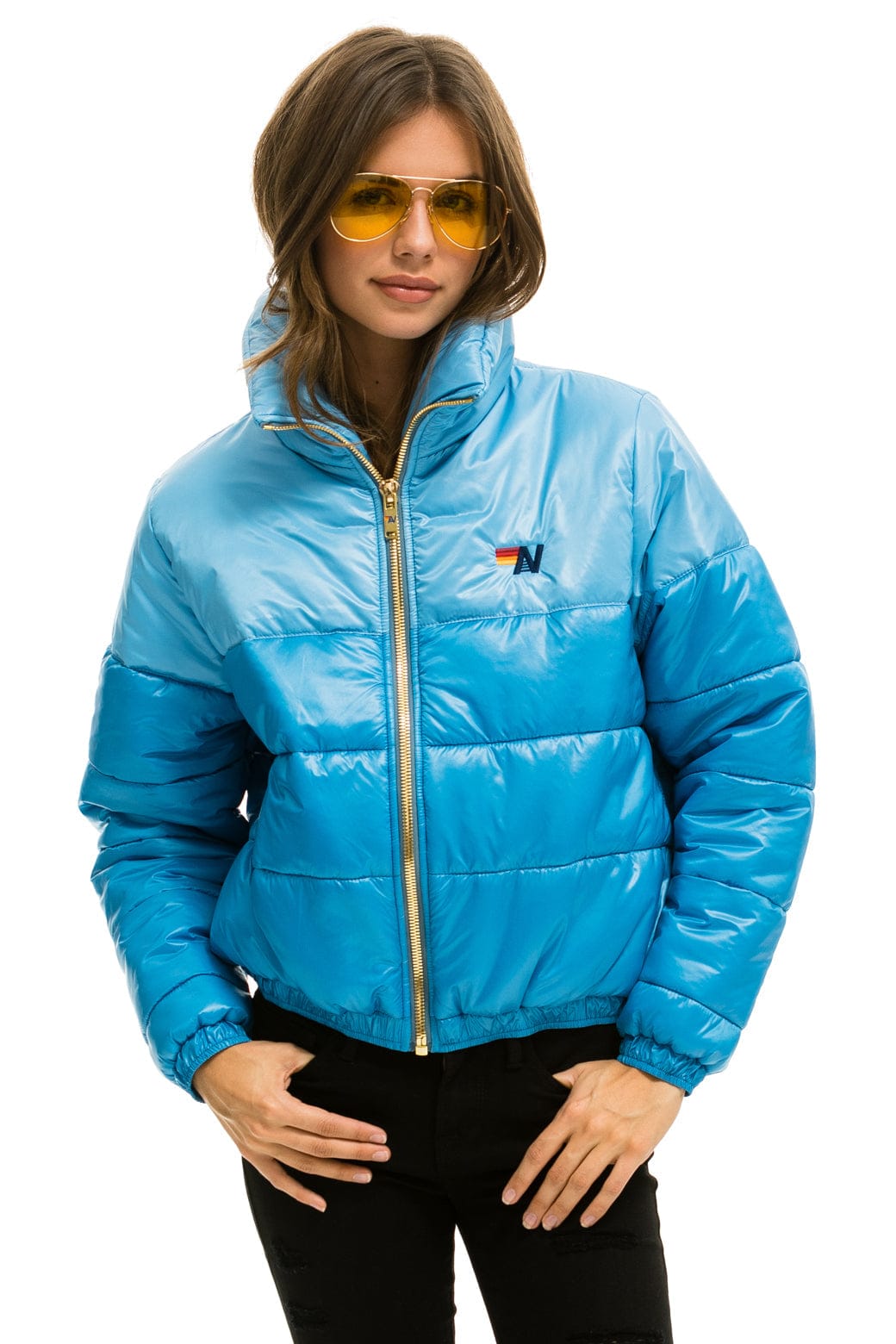 COLOR BLOCK HALF AND HALF APRES PUFFER JACKET - SKY GLOSSY - Image 3