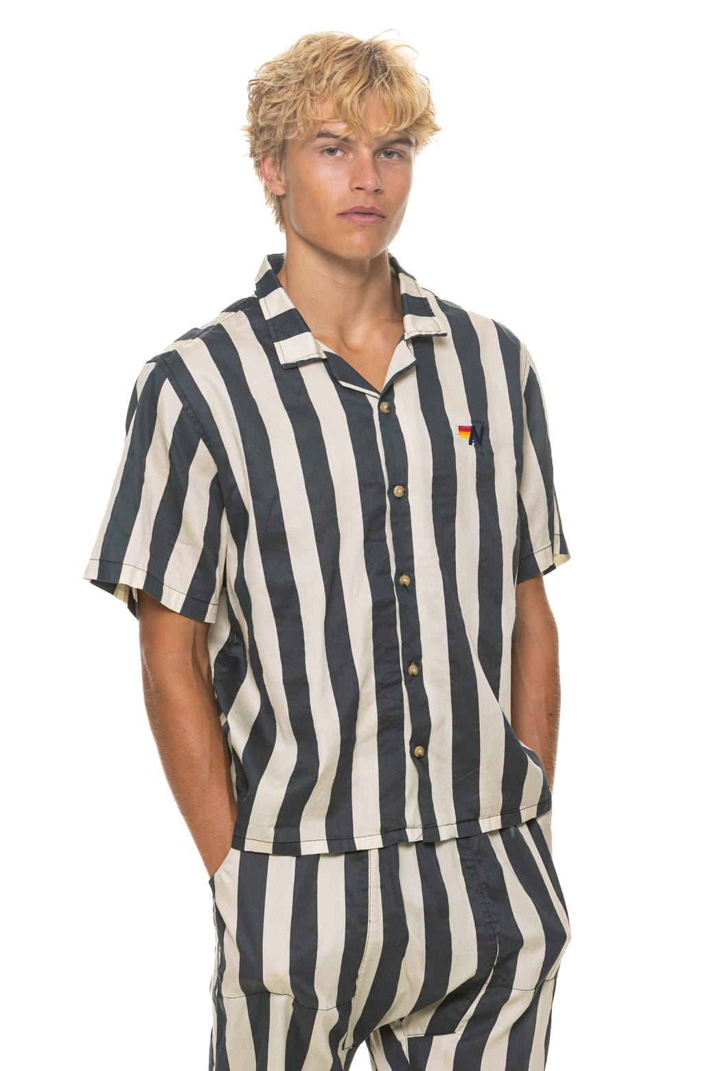 Alternative view of UNISEX COTTON LUXE POPLIN RESORT SHIRT - VINTAGE BLACK // STRIPE