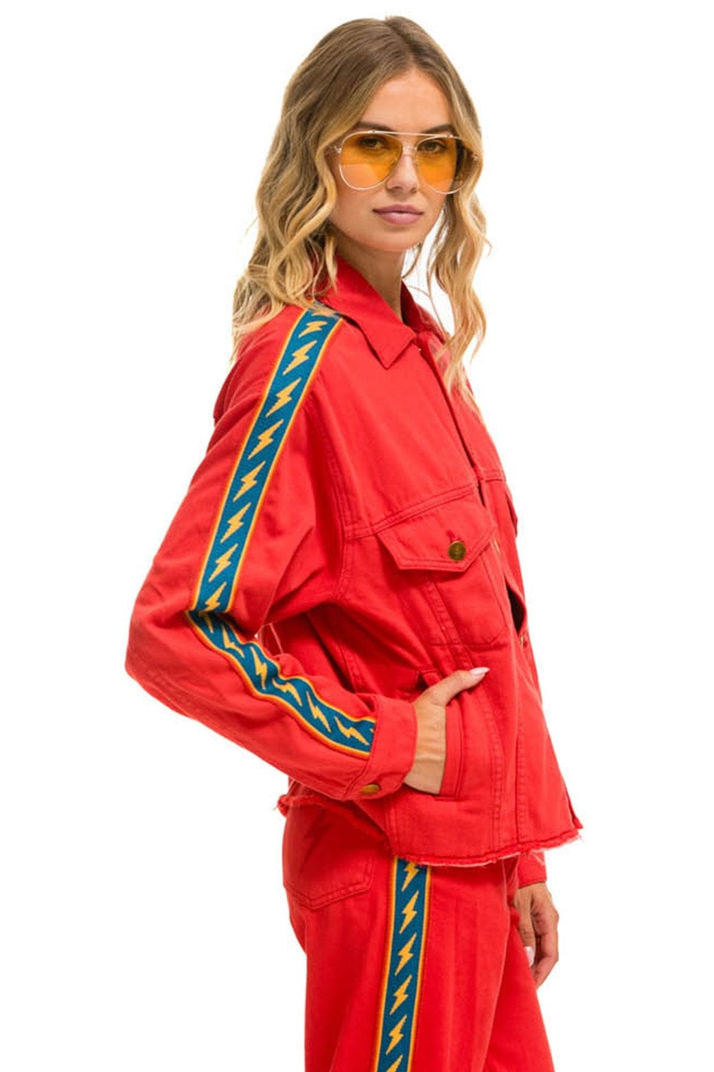 Alternative view of BOLT STRIPE OVERSIZED CUTOFF DENIM JACKET - RED