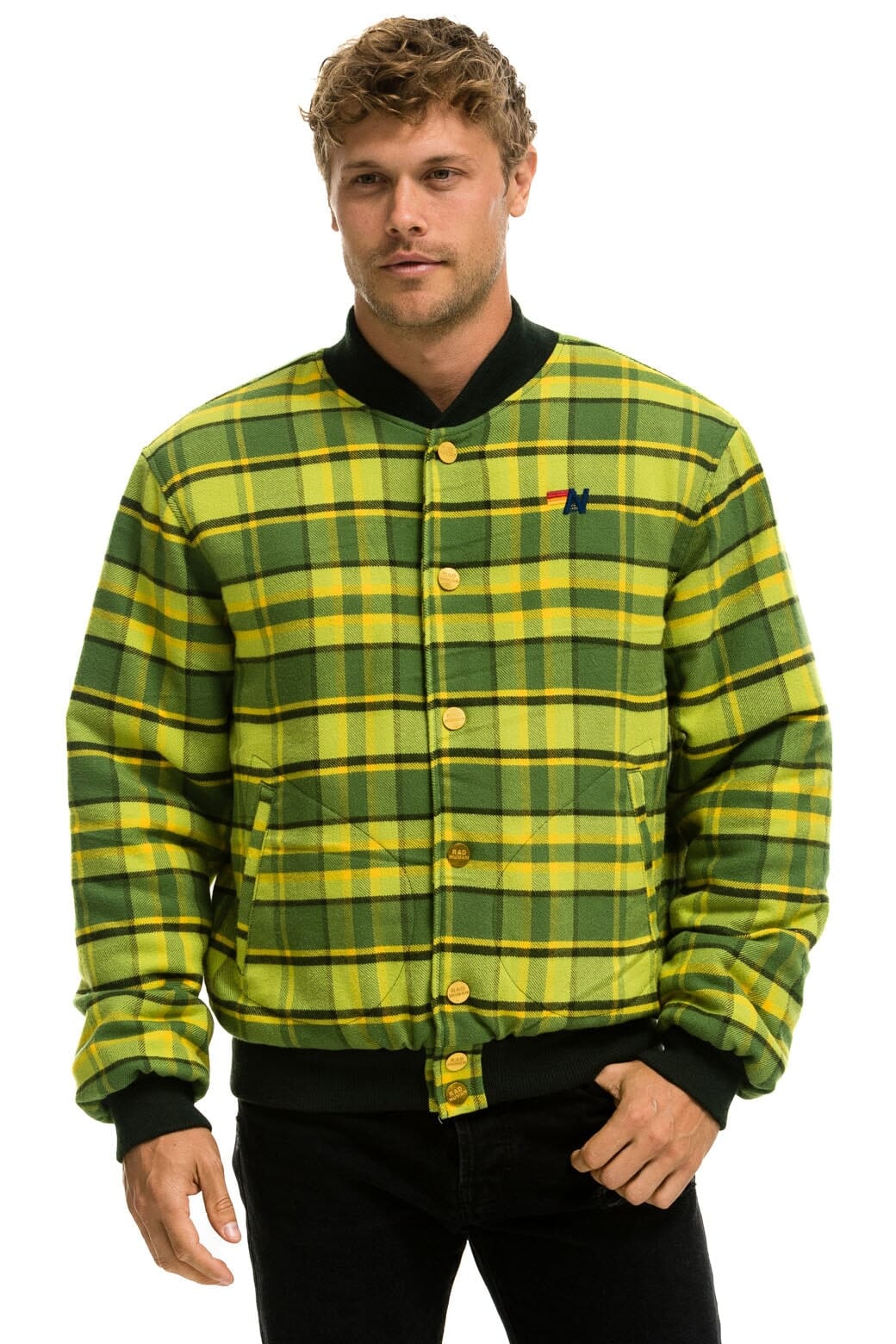 Alternative view of PLAID UNISEX VARSITY JACKET - AVOCADO PLAID