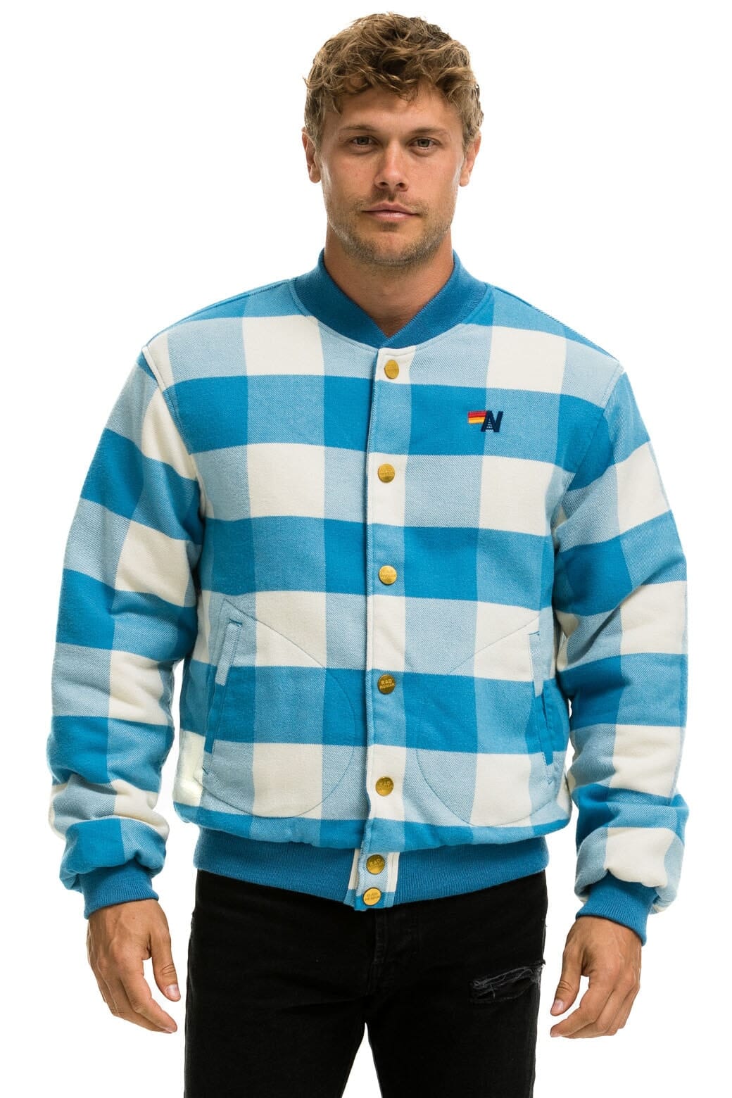 Alternative view of PLAID UNISEX VARSITY JACKET - SKY PLAID
