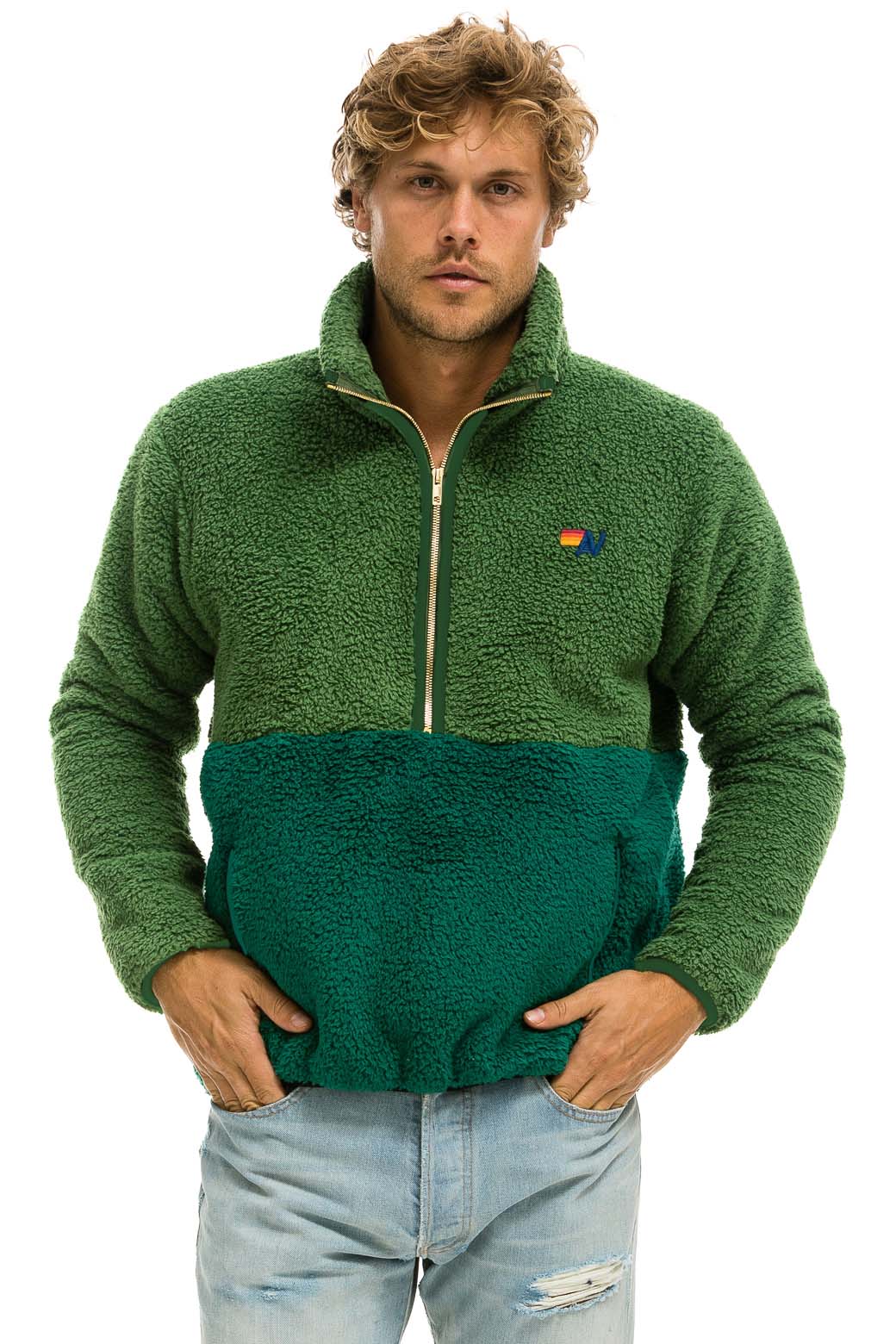 Alternative view of TEDDY UNISEX HALF ZIP COLOR BLOCK JACKET - GARDEN GREEN
