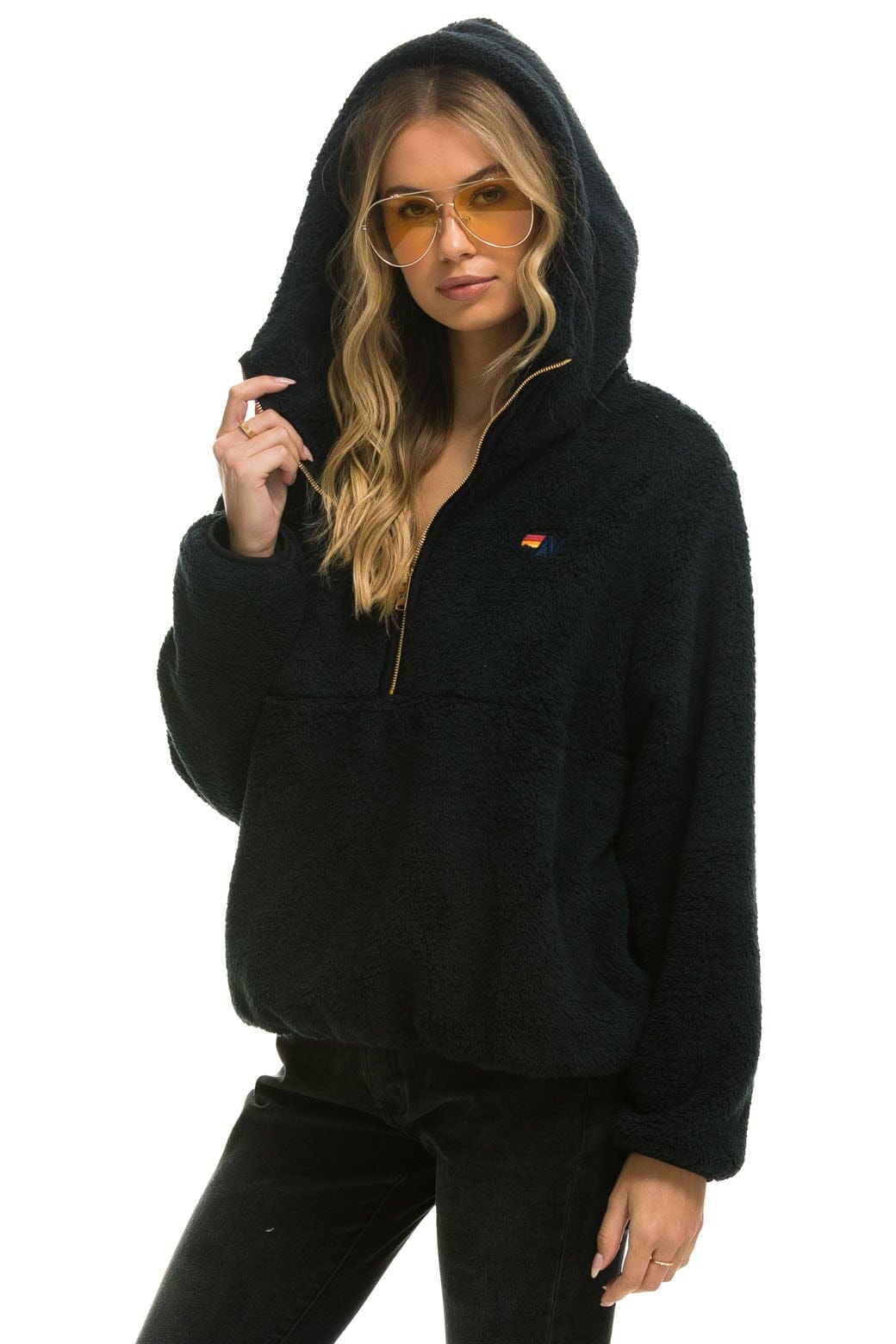 Alternative view of TEDDY UNISEX HOODED HALF ZIP JACKET - BLACK