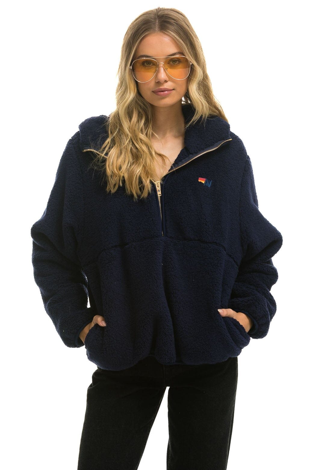 Alternative view of TEDDY UNISEX HOODED HALF ZIP JACKET - NAVY