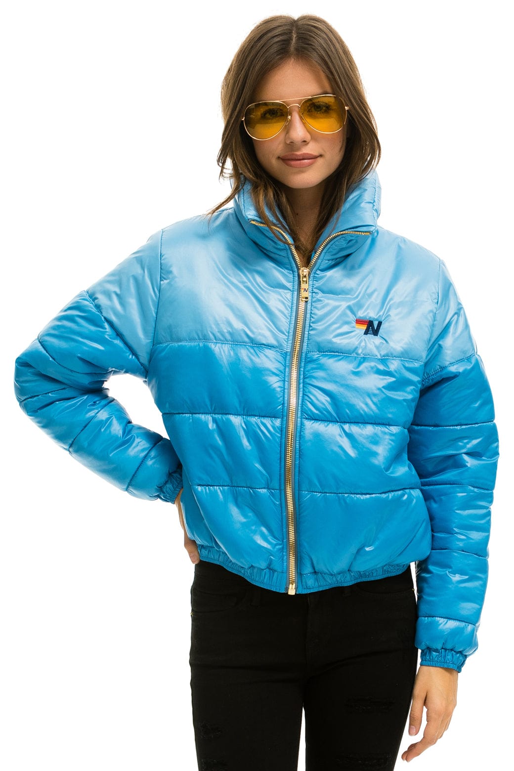 Alternative view of COLOR BLOCK HALF AND HALF APRES PUFFER JACKET - SKY GLOSSY