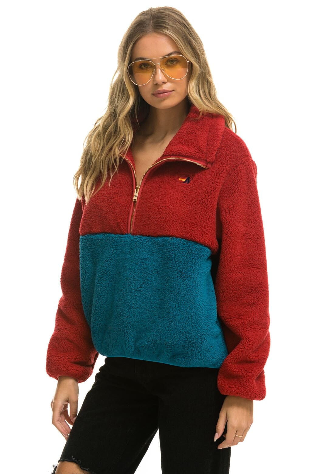 Alternative view of TEDDY APRES HALF ZIP COLOR BLOCK JACKET - CHERRY